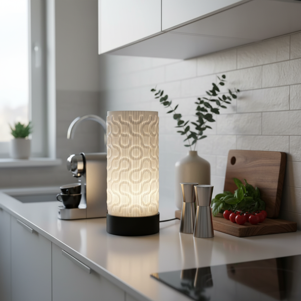 Modern kitchen counter with a lamp, coffee maker, and cutting board.