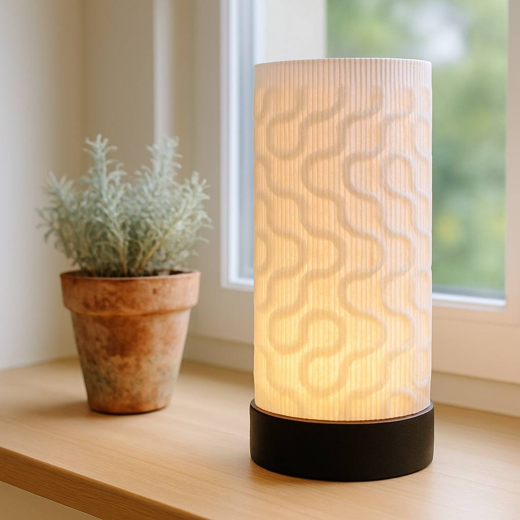 Decorative lamp with wavy pattern on a wooden surface next to a potted plant.