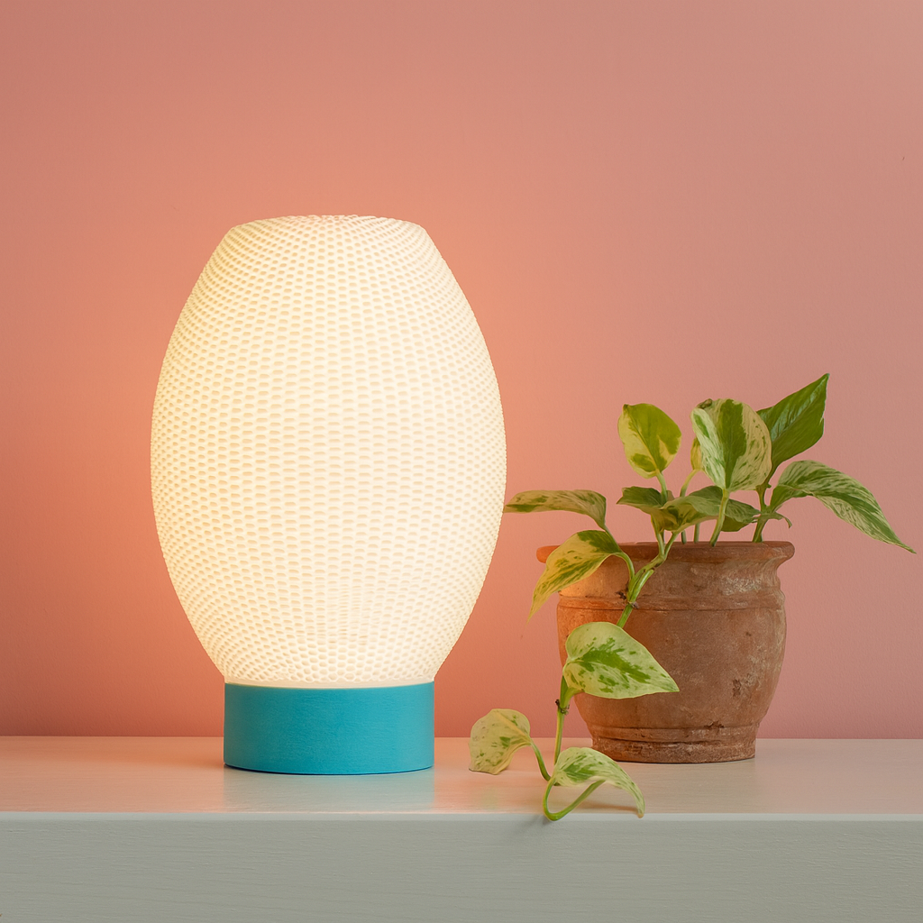 Textured table lamp on a surface with plants in the background