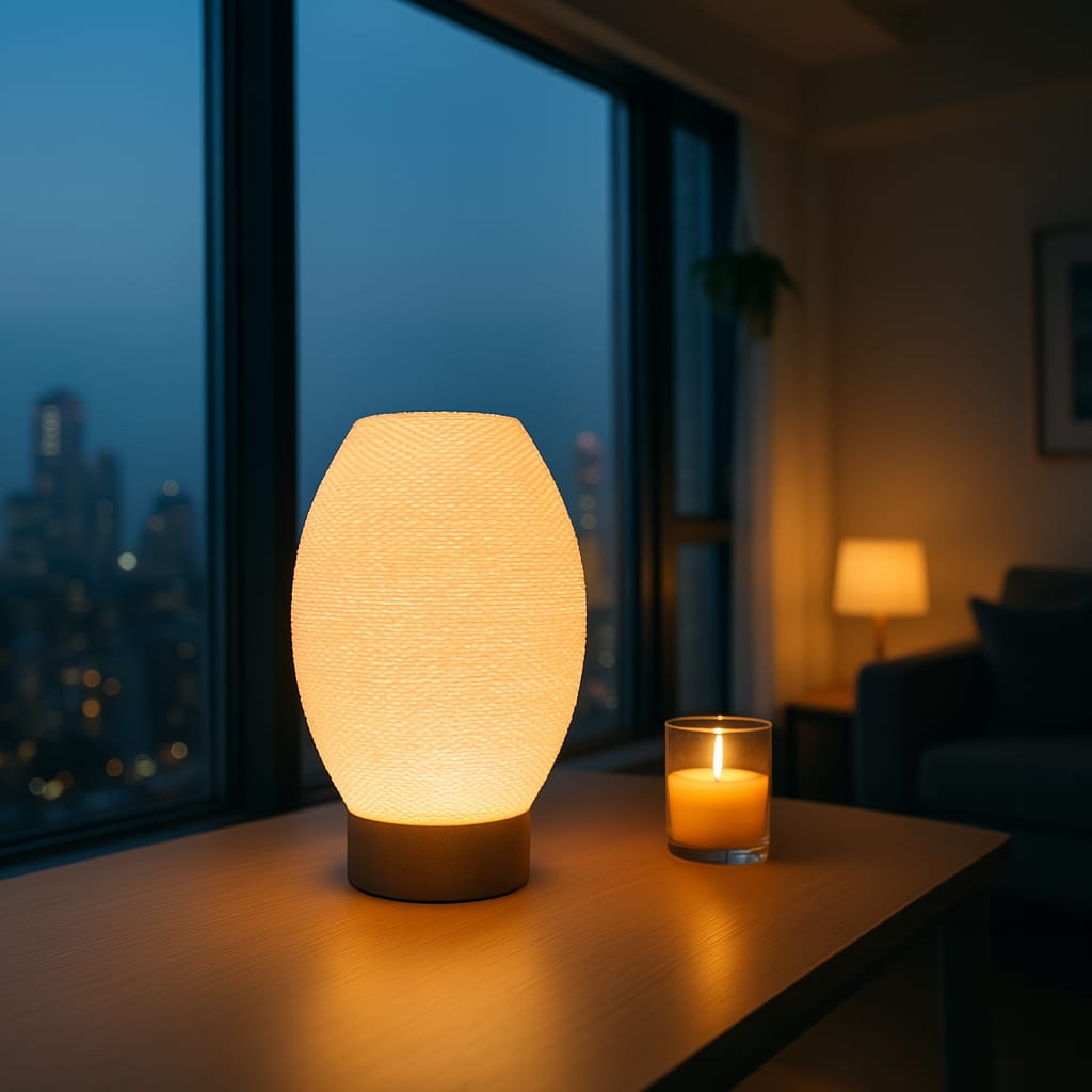 Lamp and candle on a table with a cityscape view through a window
