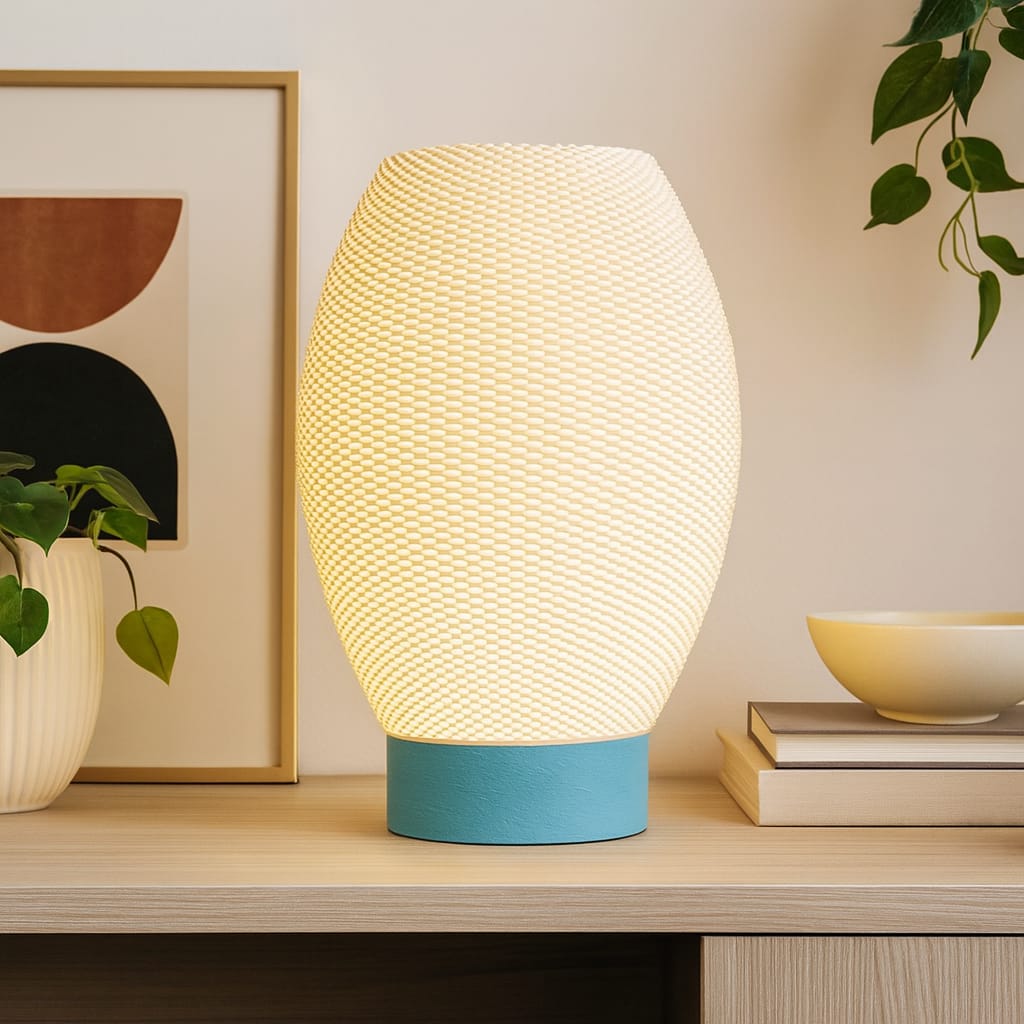 Table lamp with textured design and blue base on a wooden surface, with decor items in the background.