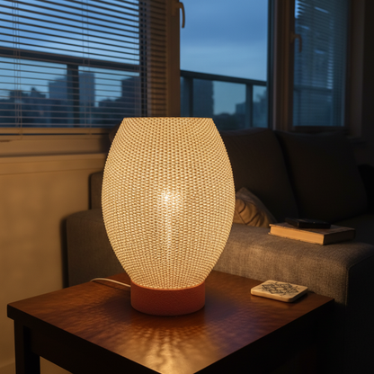 Decorative table lamp on a wooden side table with a cityscape view through windows.
