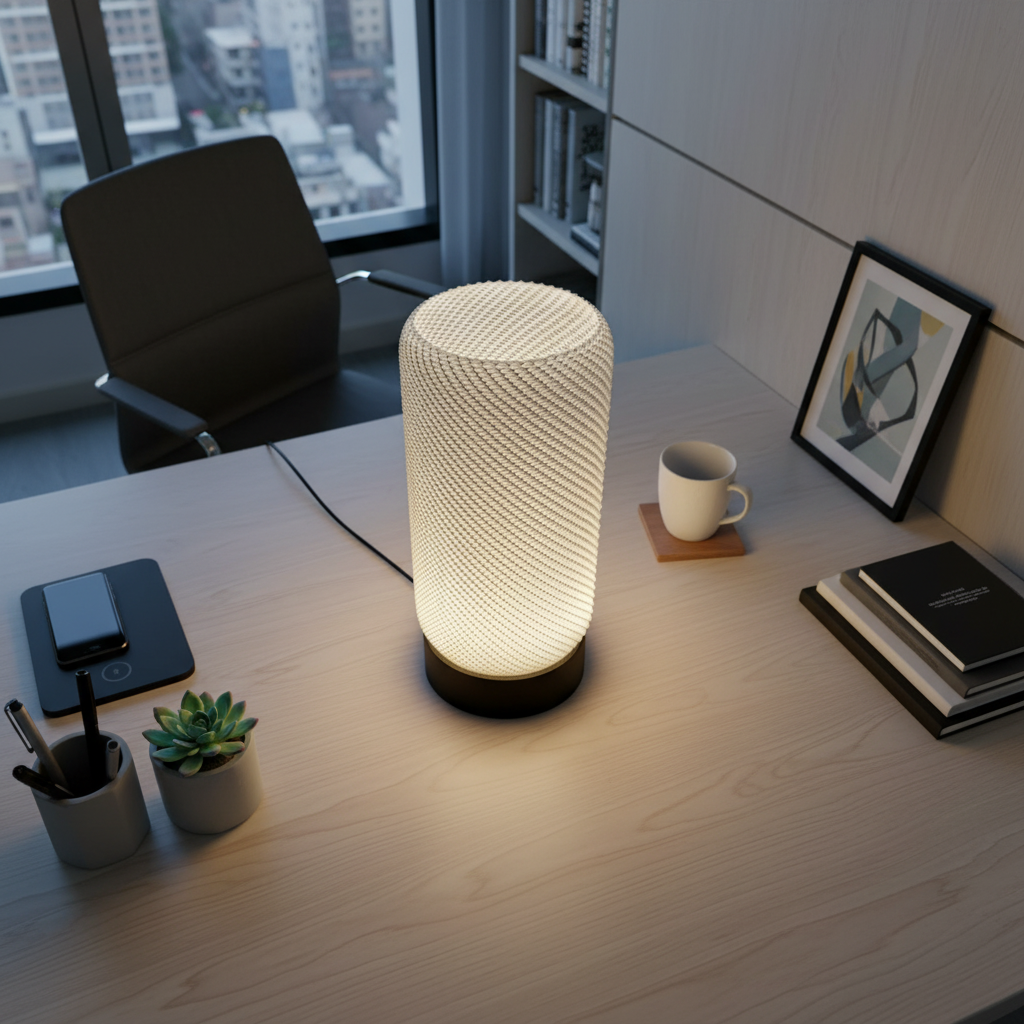 Decorative table lamp on a desk with a cityscape view