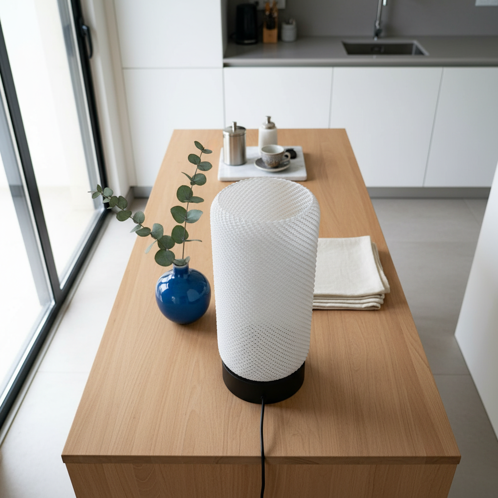 White cylindrical lamp on a wooden table in a modern kitchen