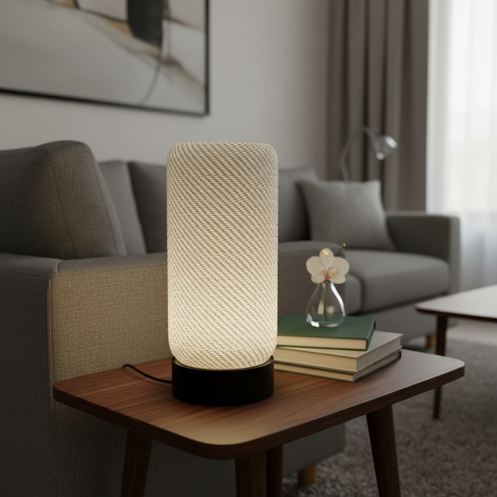 Decorative table lamp on a wooden side table in a living room setting.