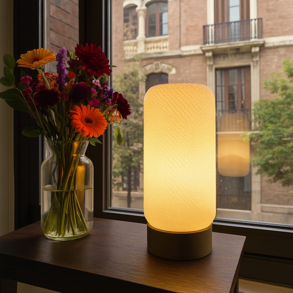Table lamp on a wooden surface with a vase of flowers near a window