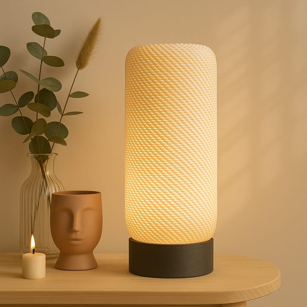 Textured table lamp on a wooden surface with decorative items and a warm glow.