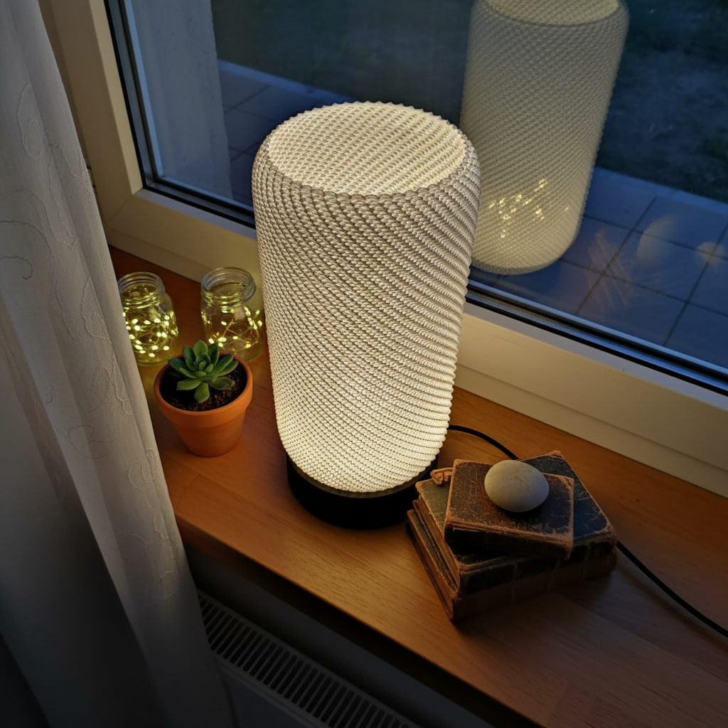 Textured cylindrical lamp on a windowsill with jars and a plant