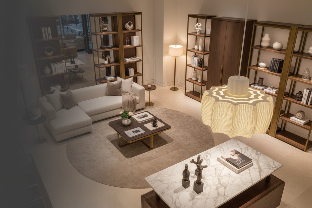 Top-down view of a white sculptural pendant lamp photographed in a luxurious interior setting.