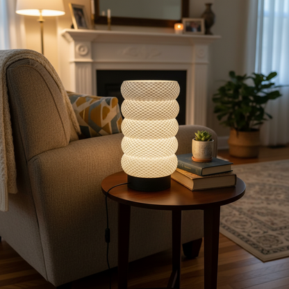 Stacked lamp on a side table in a cozy living room setting