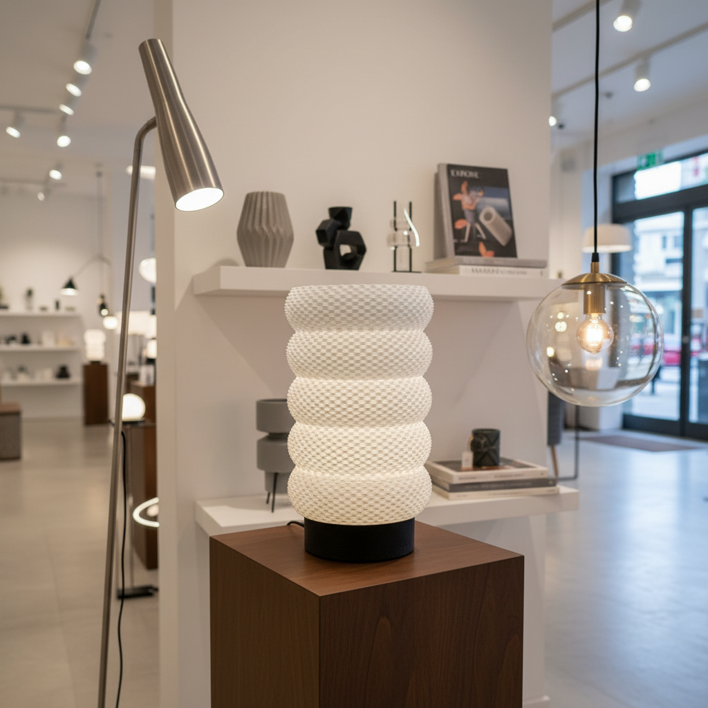 Modern interior with a textured table lamp on a wooden pedestal