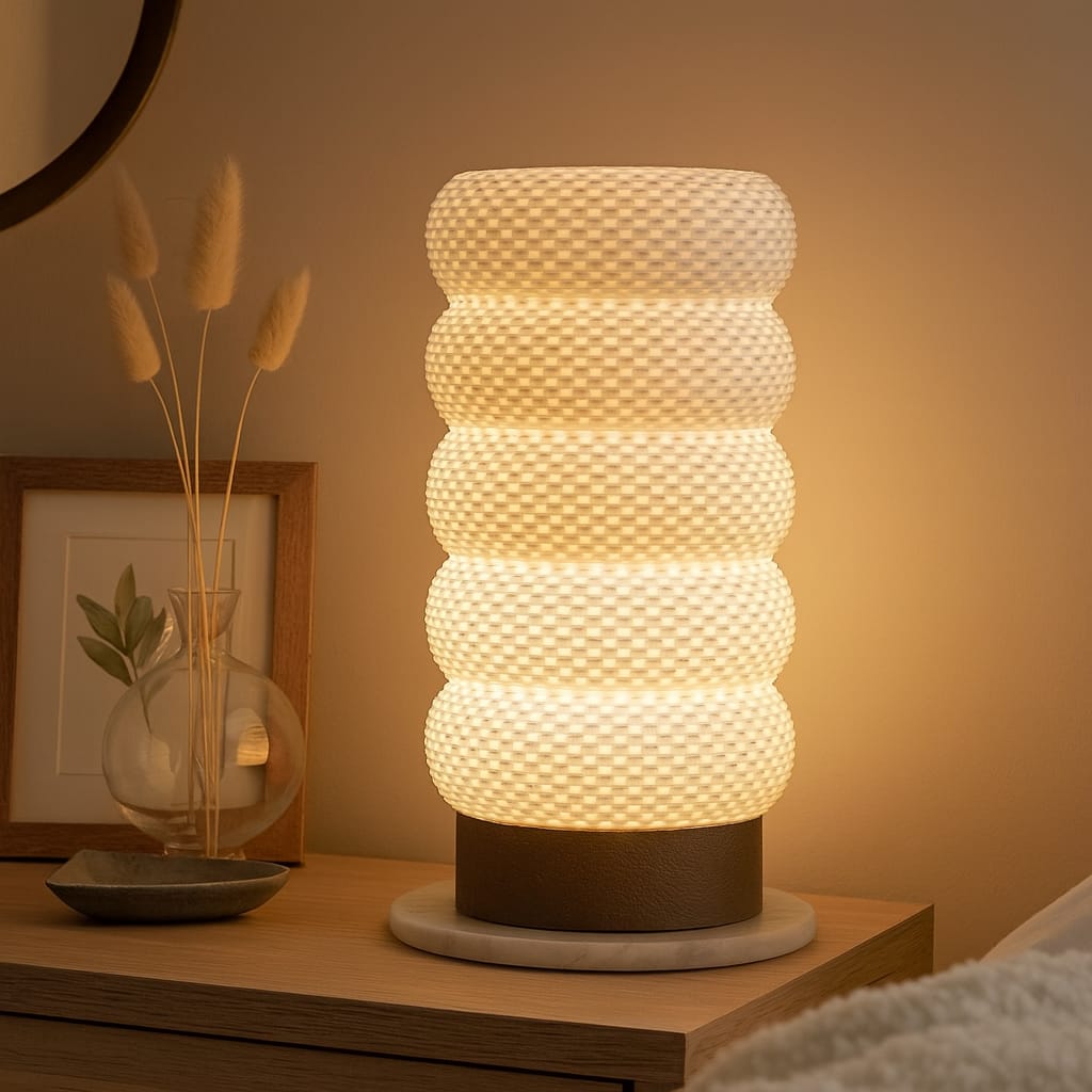 Decorative table lamp with textured design on a wooden surface, warm lighting.
