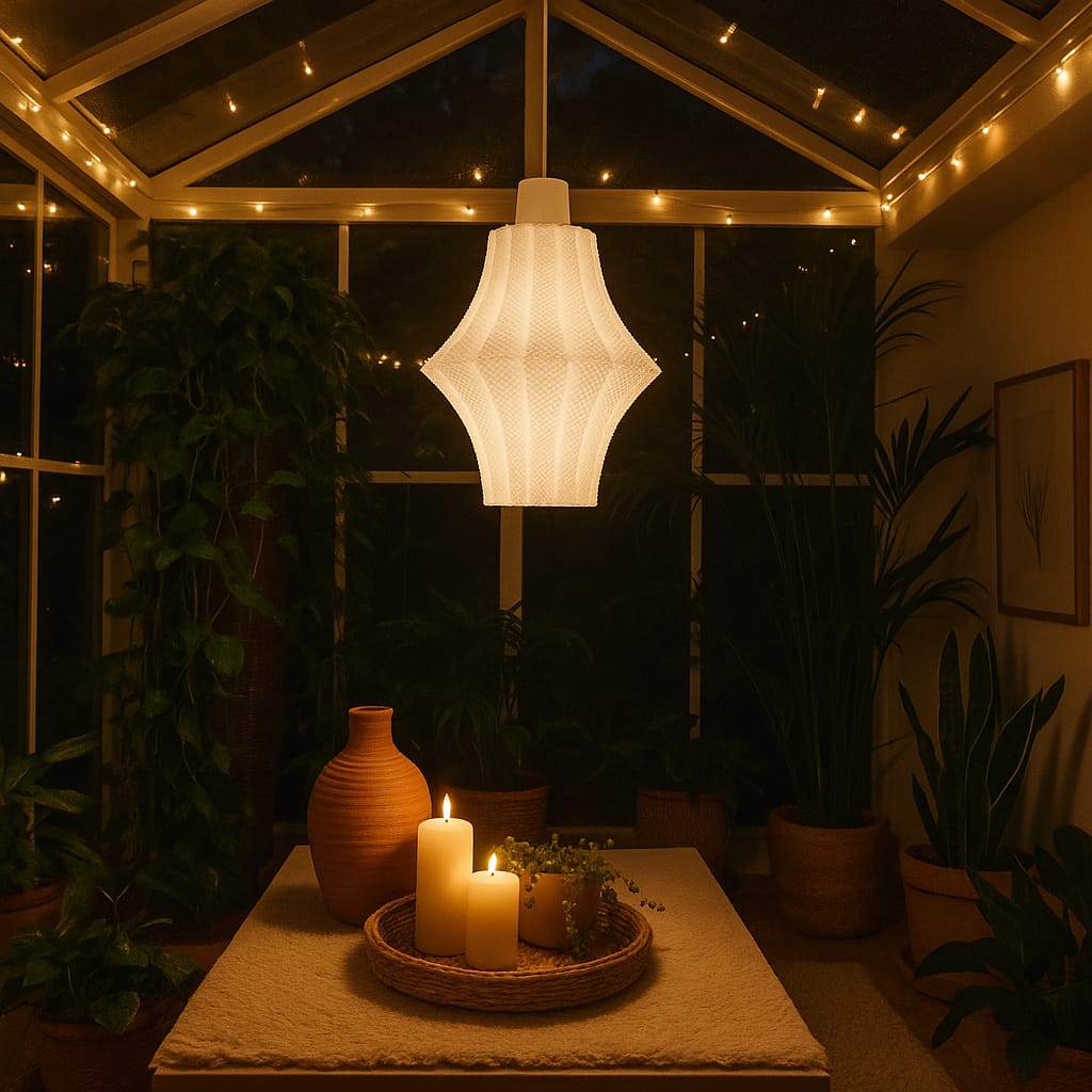 Indoor setting with a hanging light fixture, candles, and plants in a cozy atmosphere.