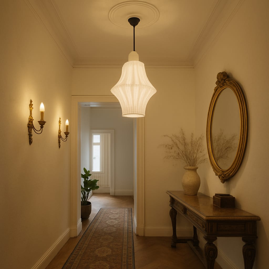  hallway with a lamp, mirror, and table