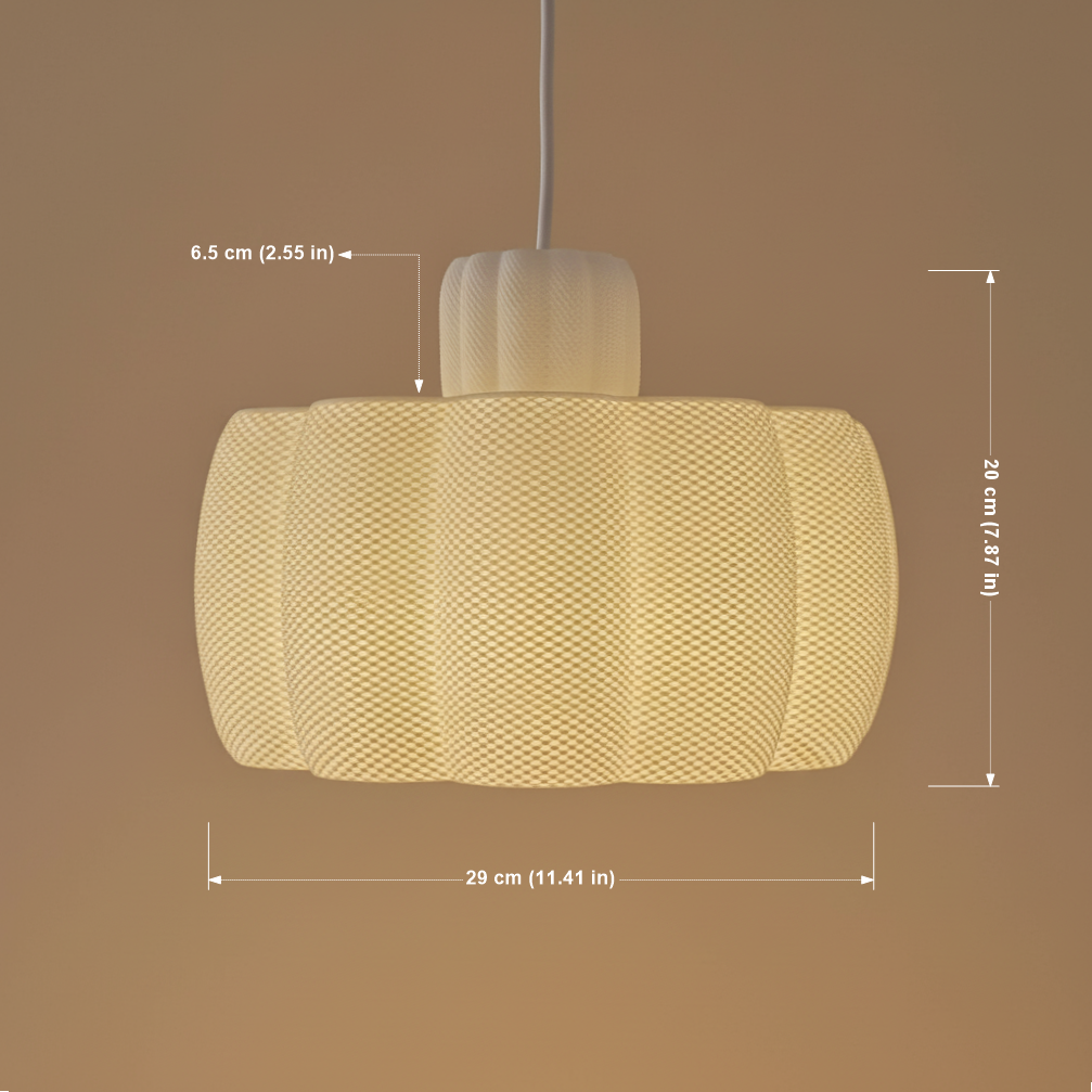 A warm white pendant lamp with a textured, scalloped lampshade shown against a beige background, with overlayed measurements indicating 29 cm width, 20 cm height, and a 6.5 cm top section.