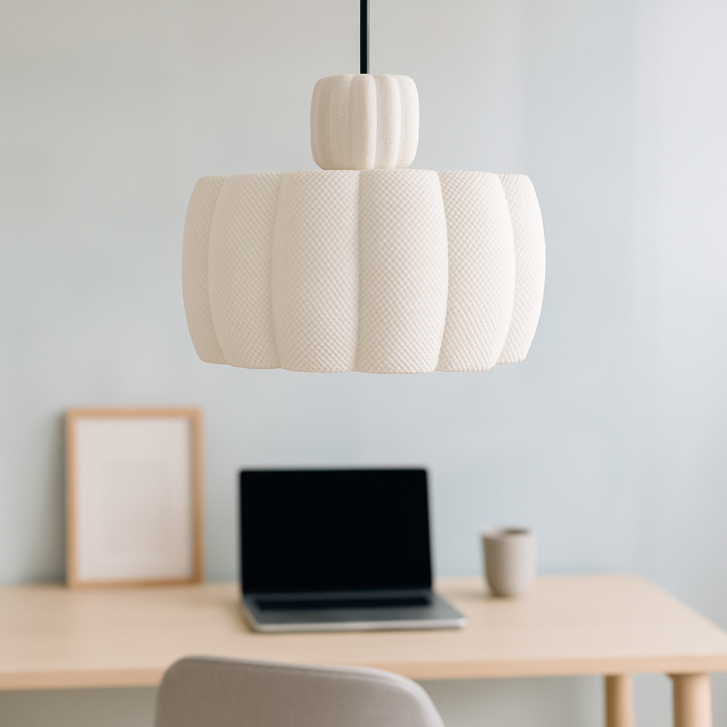 Beige pendant lamp hanging above a desk with a laptop and framed picture.
