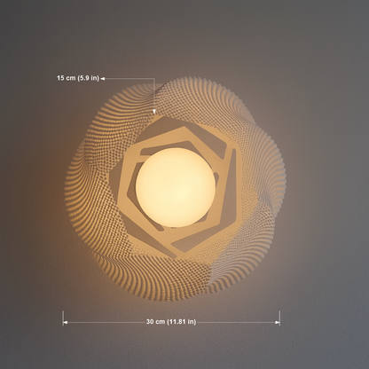 Decorative wall light with geometric pattern and measurements on a dark background