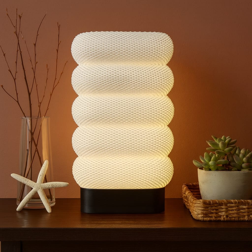 Textured table lamp on a wooden surface with decorative items