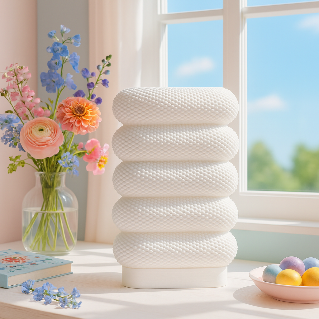 Decorative vase with flowers and Easter eggs on a table near a window