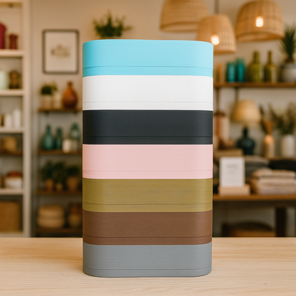 Colorful striped cylindrical vase on a wooden surface with a blurred background of shelves and decor.