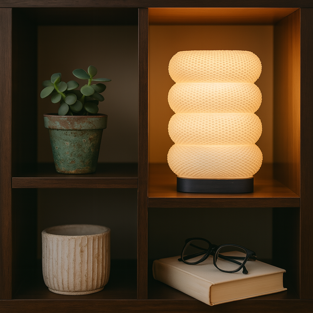 Decorative lamp on a shelf with potted plants and books