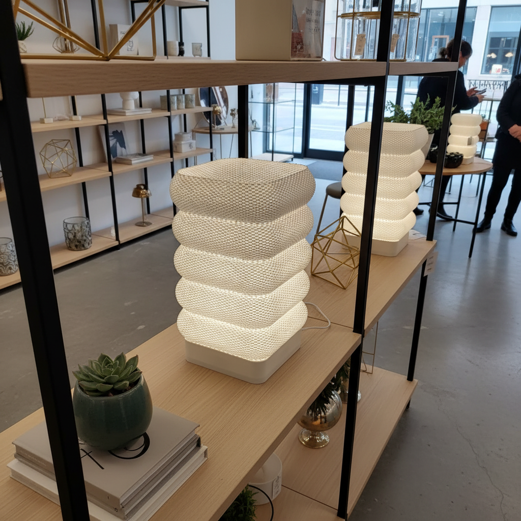 Stacked lamp on a shelf in a modern indoor setting