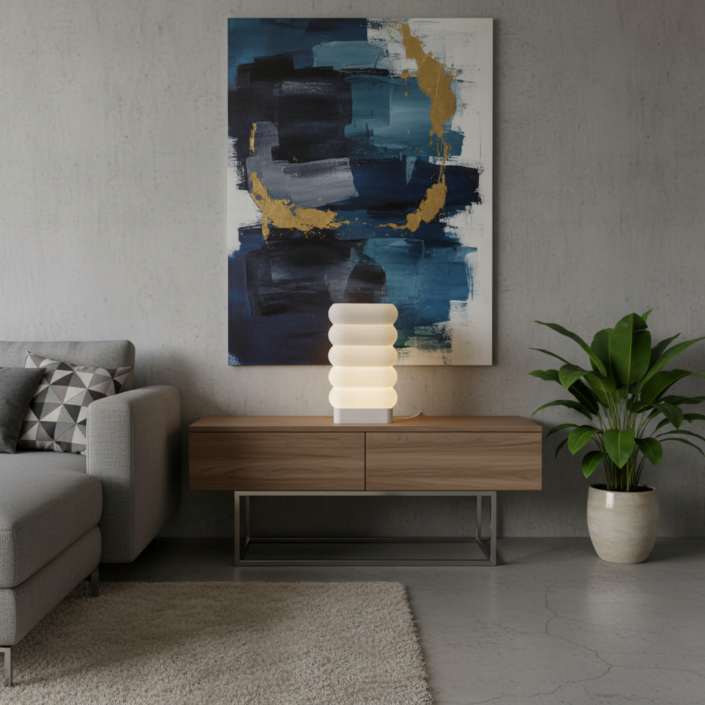 Modern living room with abstract art, lamp, and plant