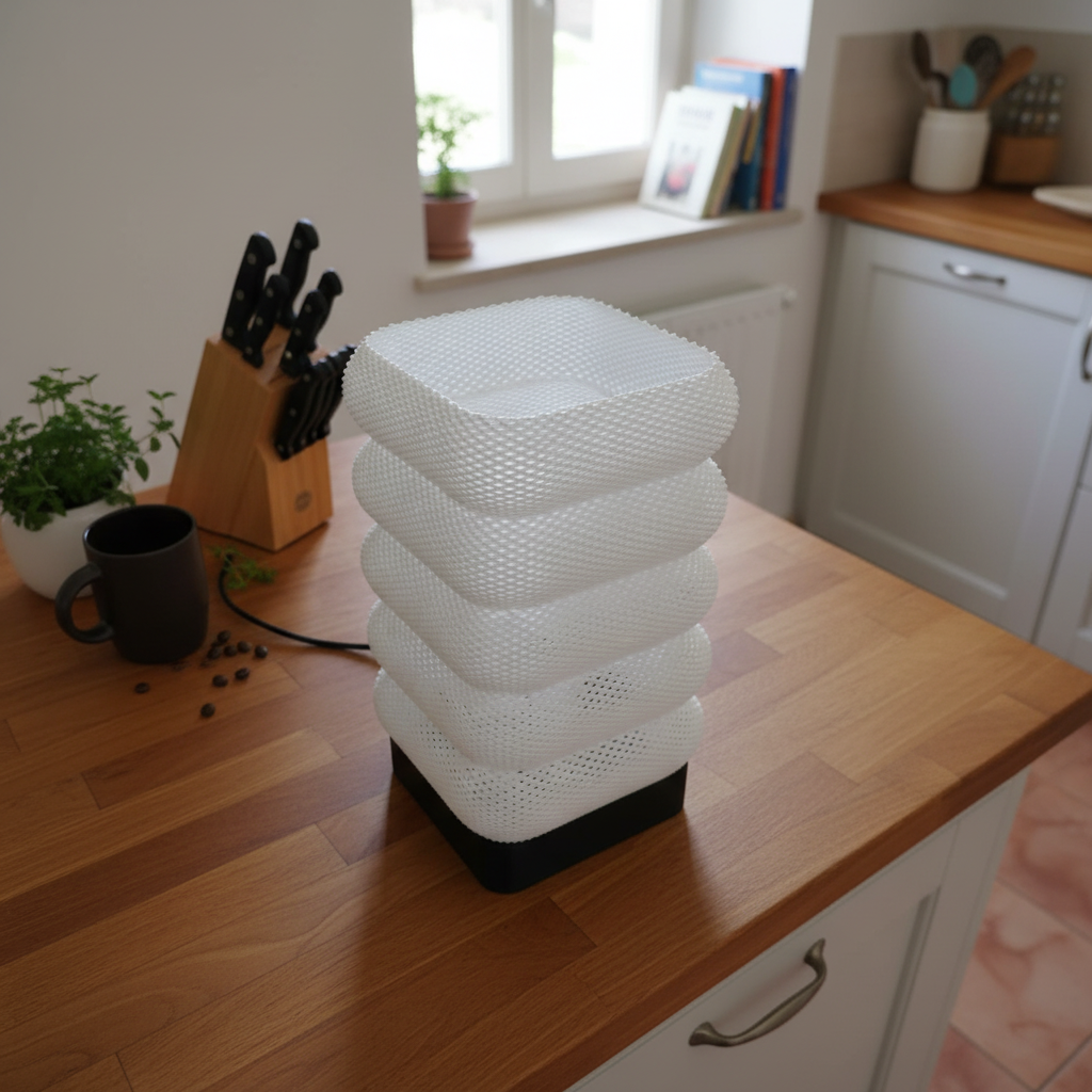 Stack of white mesh containers on a kitchen counter with a window and cabinets in the background.