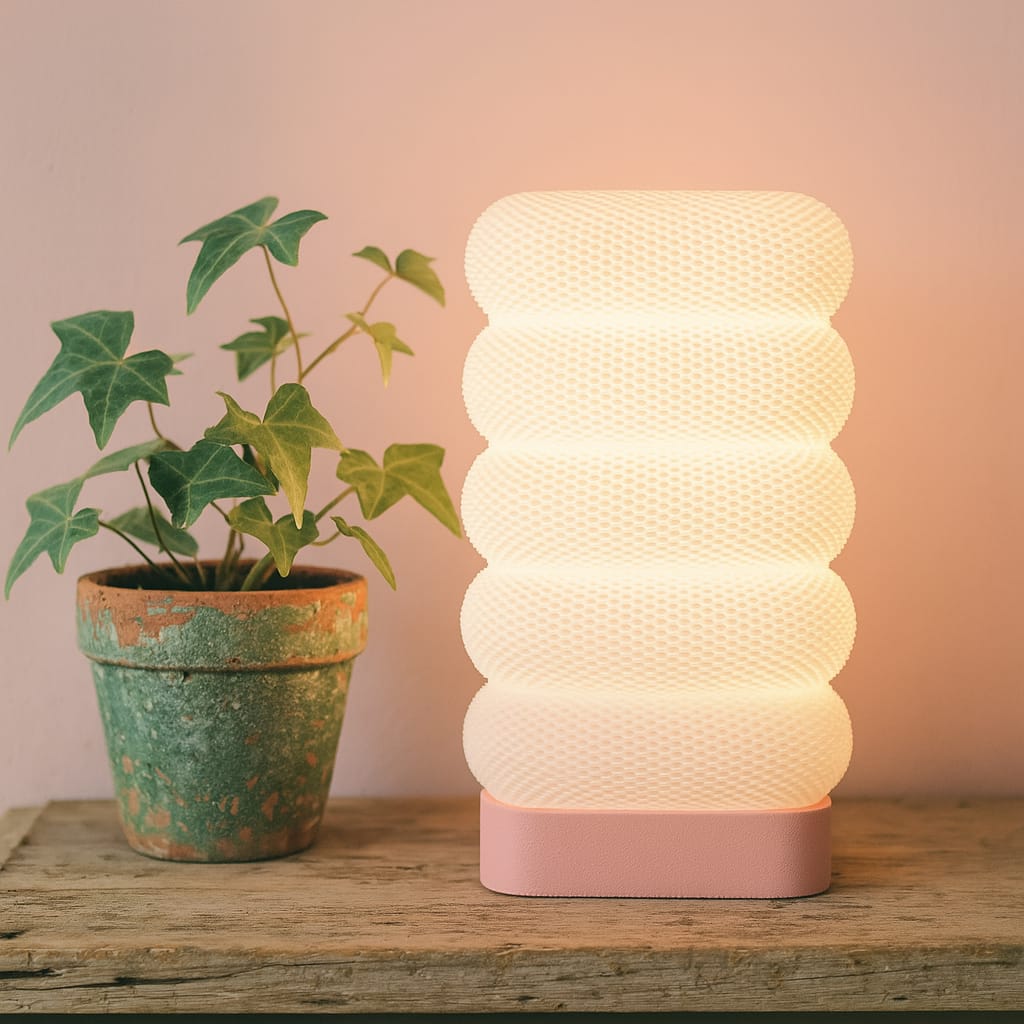 Decorative lamp with wavy pattern on a wooden surface next to a potted plant.
