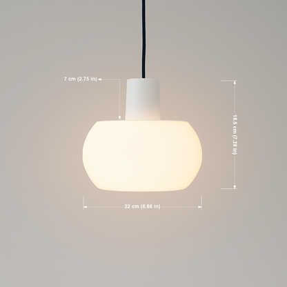 Pendant light with dimensions indicated on a neutral background