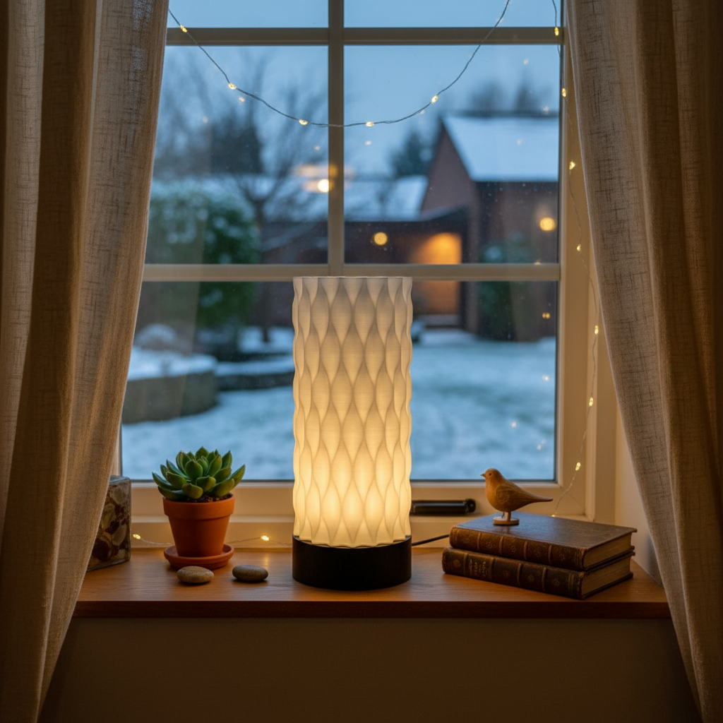 Lamp on a windowsill with a snowy outdoor view and string lights.