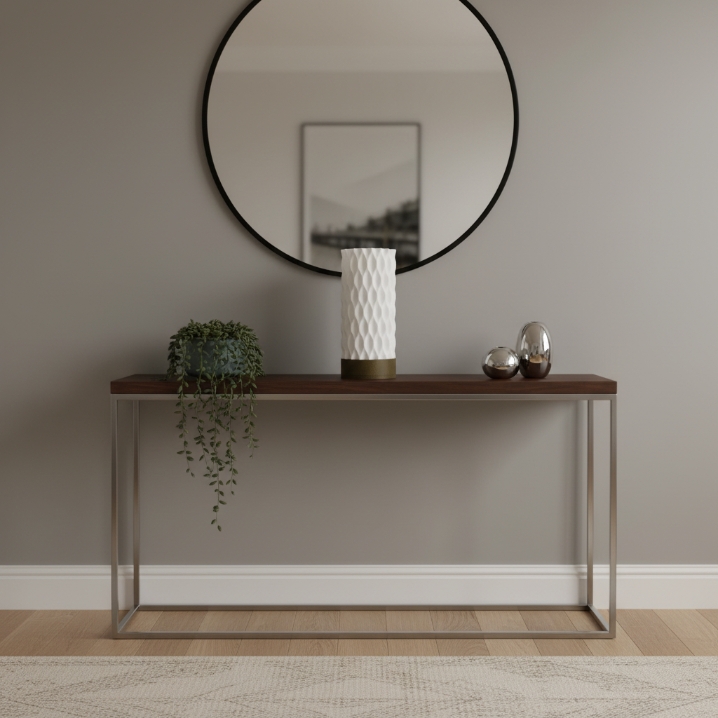 Console table with a table lamp against a plain wall