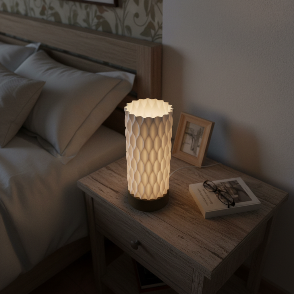 Decorative lamp on a bedside table in a bedroom setting