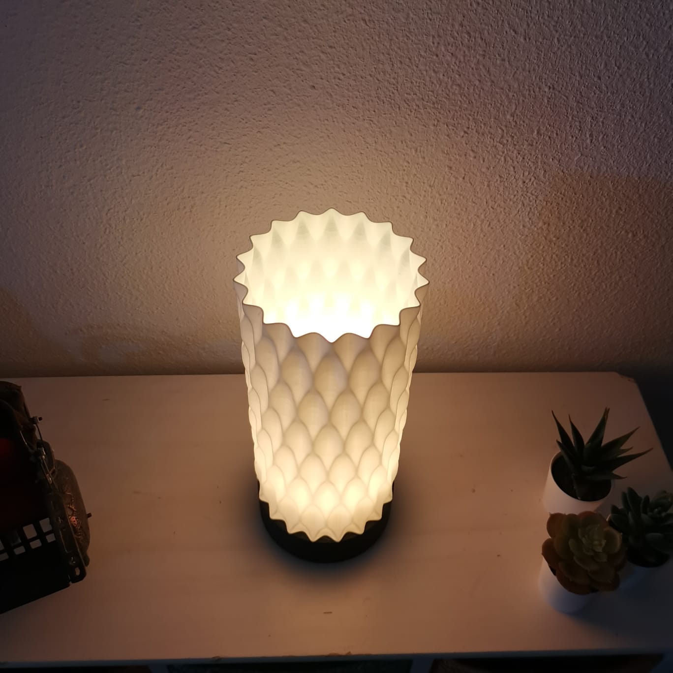 Decorative lamp with textured white shade on a table next to small potted plants.