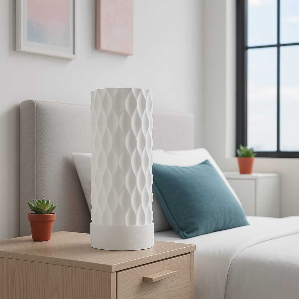 White textured lamp on a wooden nightstand next to a bed with a blue pillow