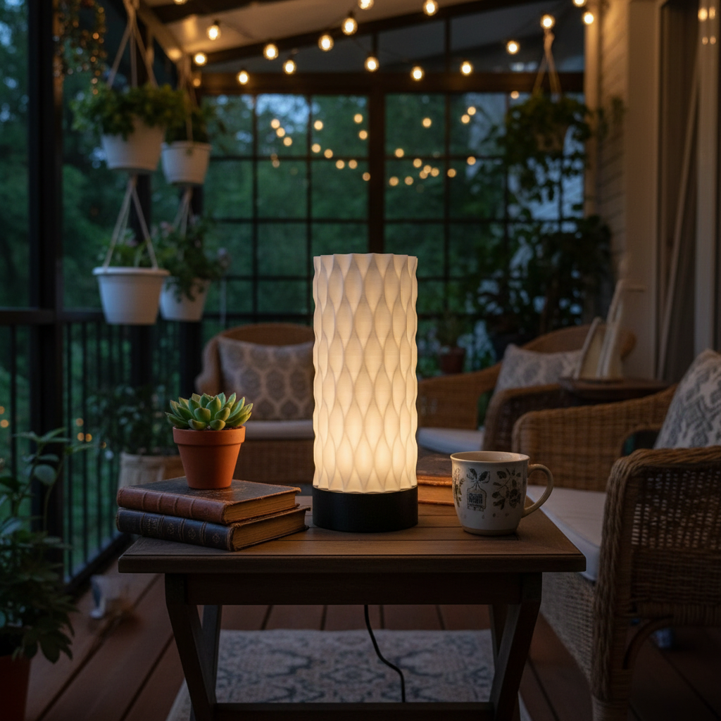 Decorative outdoor table lamp on a wooden table with a cozy evening setting.