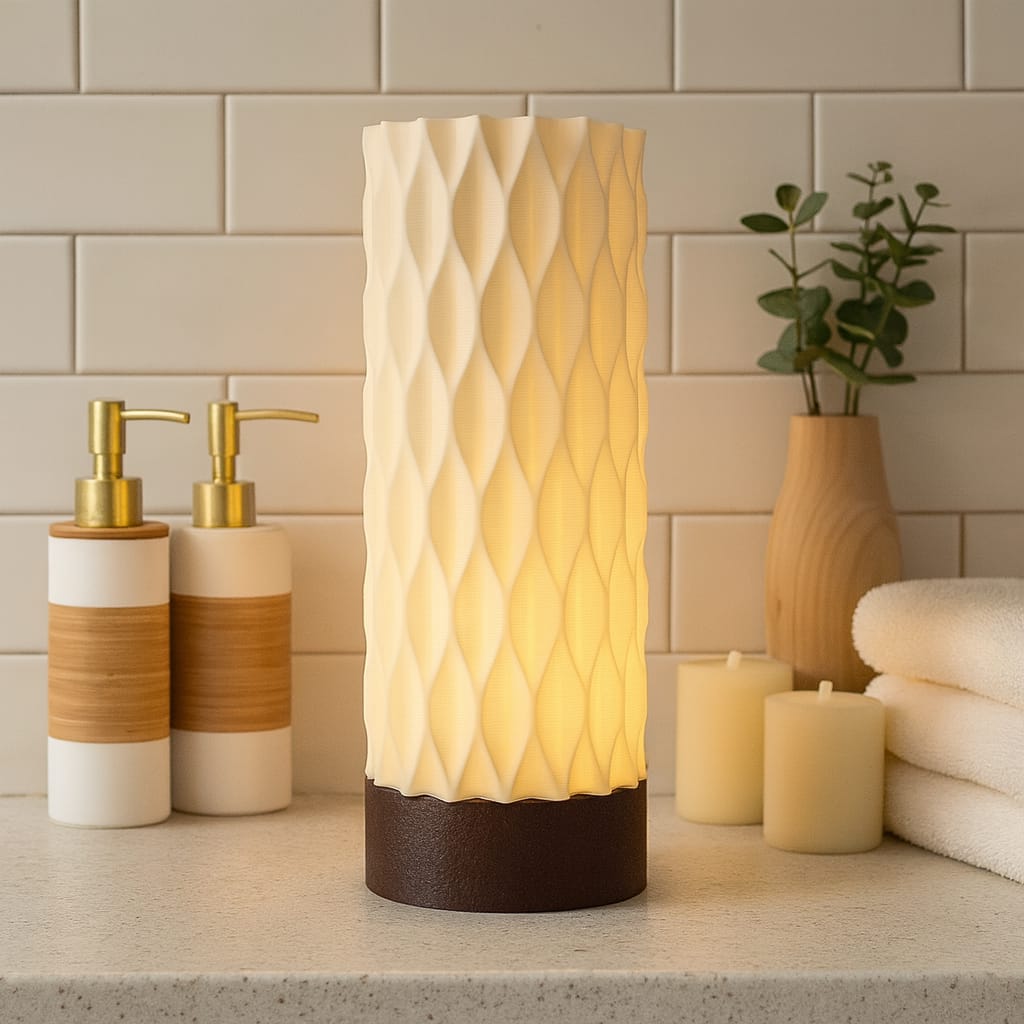 Decorative lamp with textured design on a bathroom shelf with toiletries and a plant.