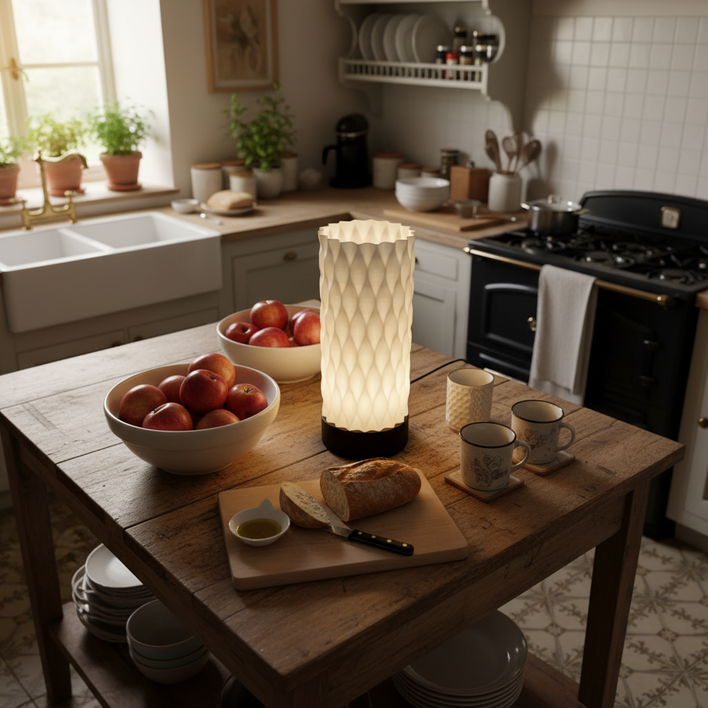 Kitchen scene with a wooden table, apples, bread, and a lamp.