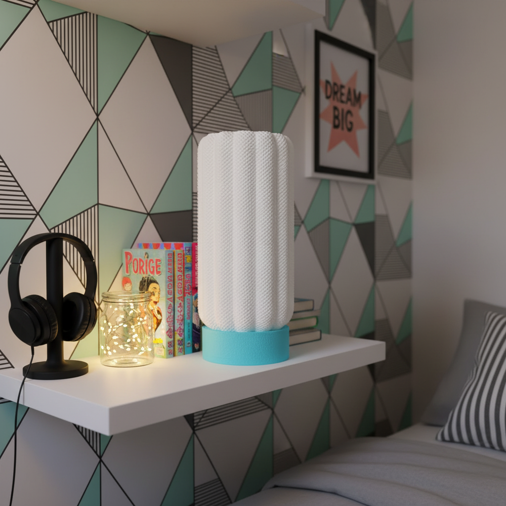 White textured lamp with blue base on a shelf against a geometric-patterned wall.