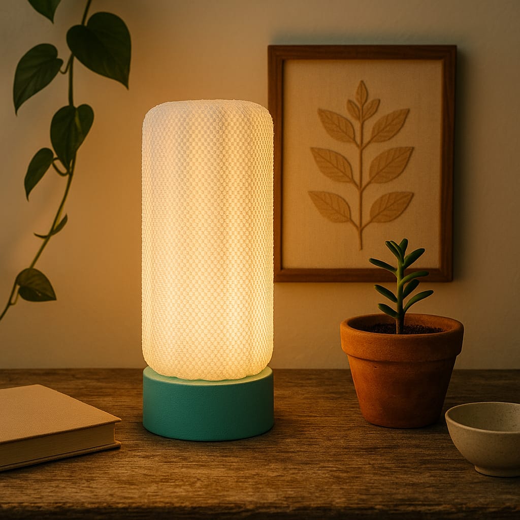 Lamp on a wooden surface with a plant and framed artwork in the background