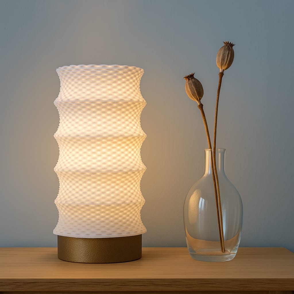 Textured table lamp and clear vase with dried flowers on a wooden surface