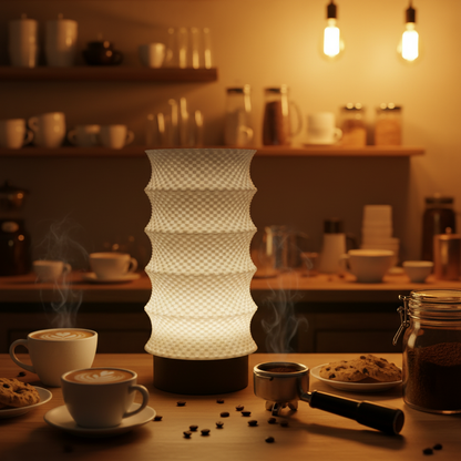 Lamp on a table with coffee cups and cookies in a cozy kitchen setting