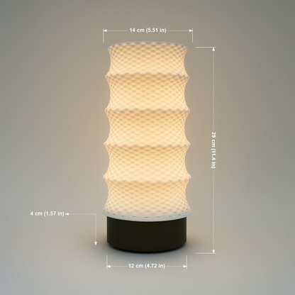 Textured cylindrical lamp with dimensions indicated on a gray background