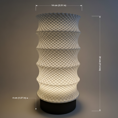 Decorative lamp with textured design and measurements on a dark background