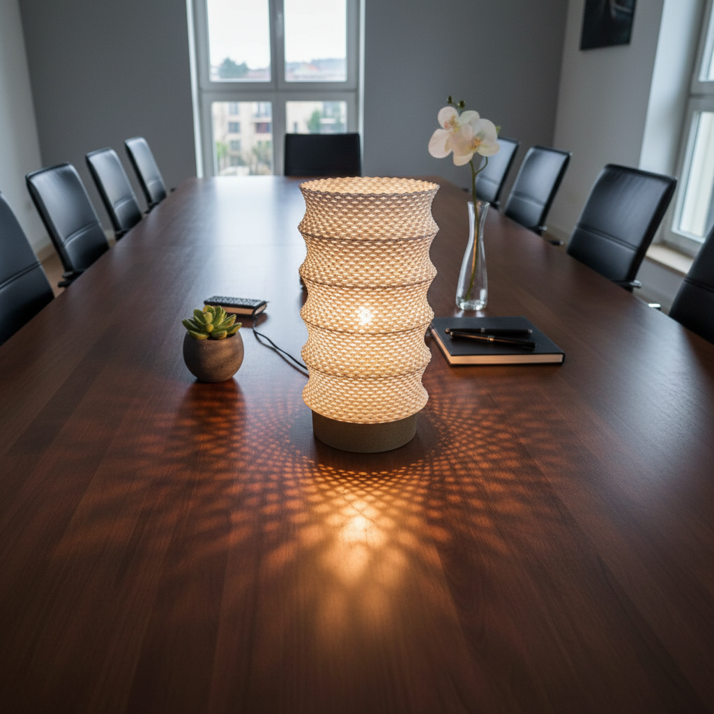 Decorative lamp on a wooden table in a conference room with chairs and a vase.