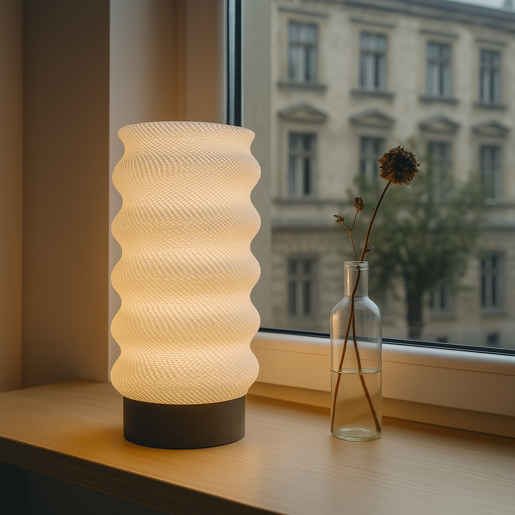 Decorative lamp on a windowsill with a vase containing a single dried flower.