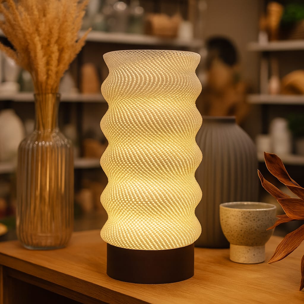 Textured table lamp on a wooden surface with decorative items in the background