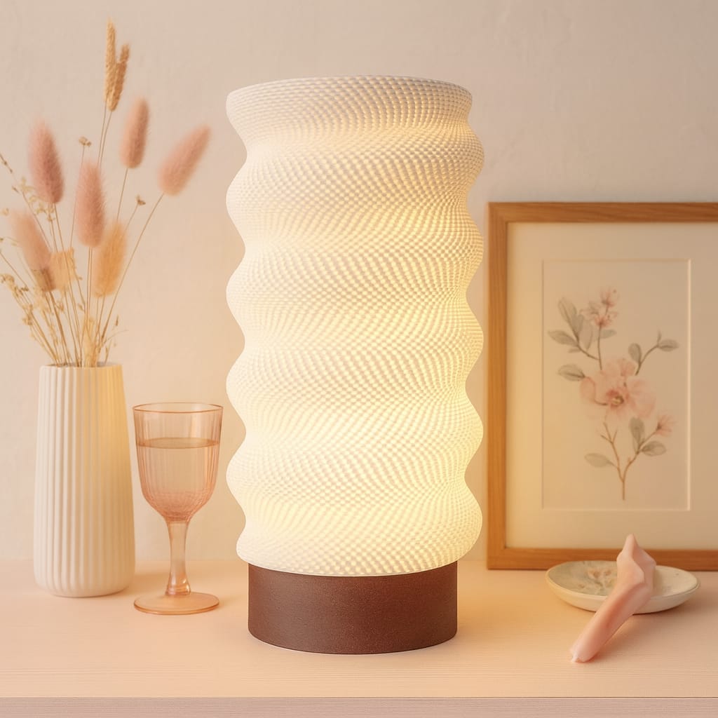 Decorative table lamp with textured design on a surface with a vase, glass, and framed picture in the background.