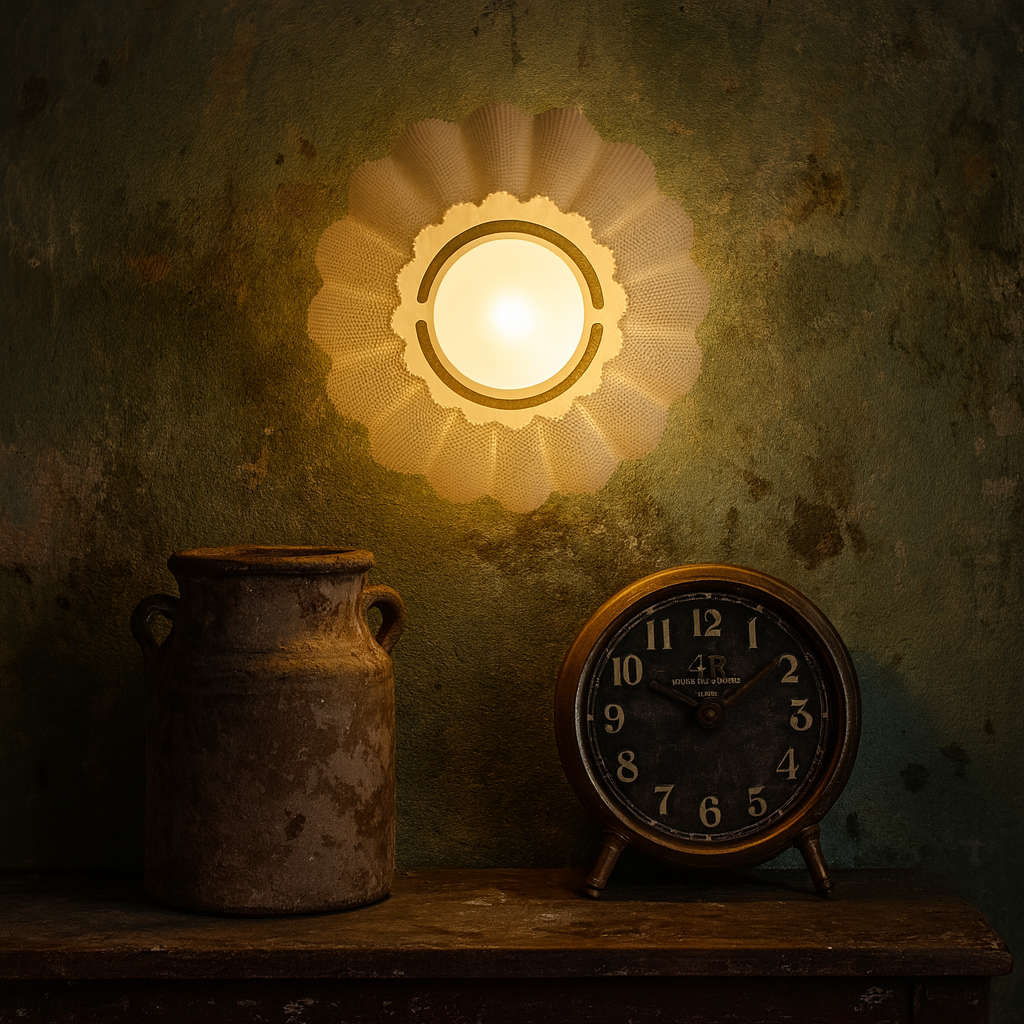 Decorative wall light fixture with a rustic vase and clock on a wooden surface against a textured wall.