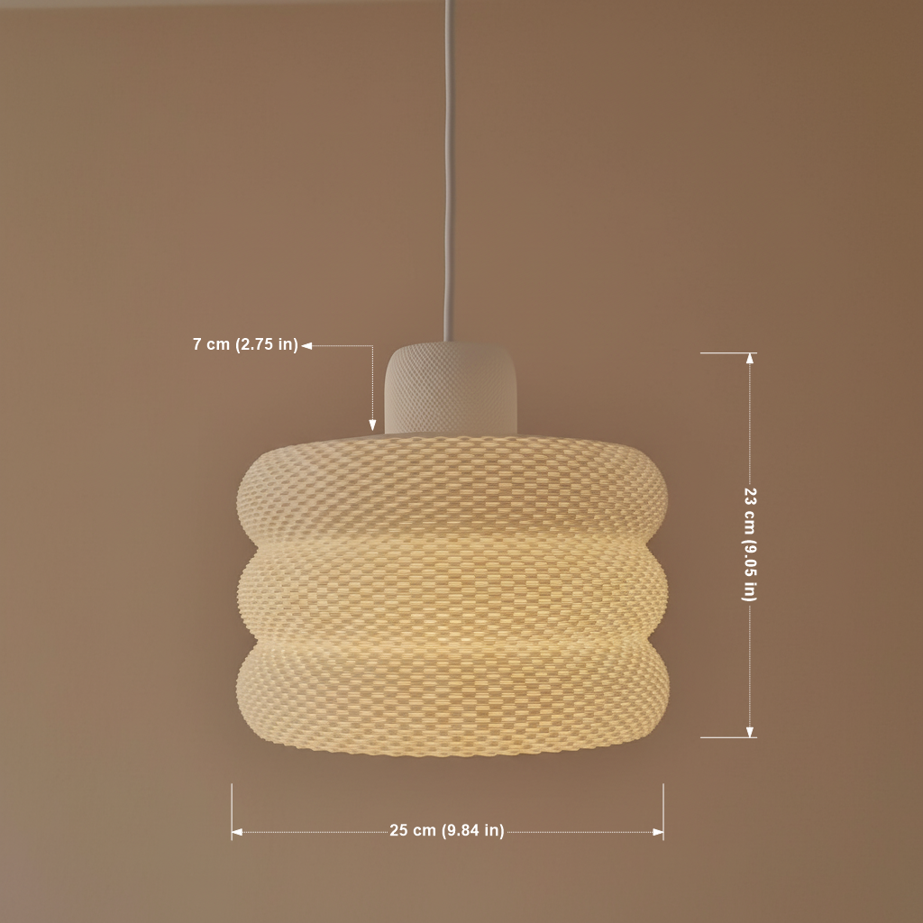 Product image of a woven pendant lamp with dimensions and measurements.